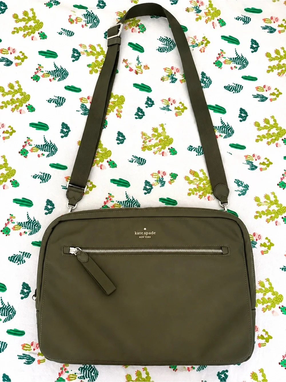 Kate Spade New York Olive Green Nylon Laptop Messenger Crossbody Bag